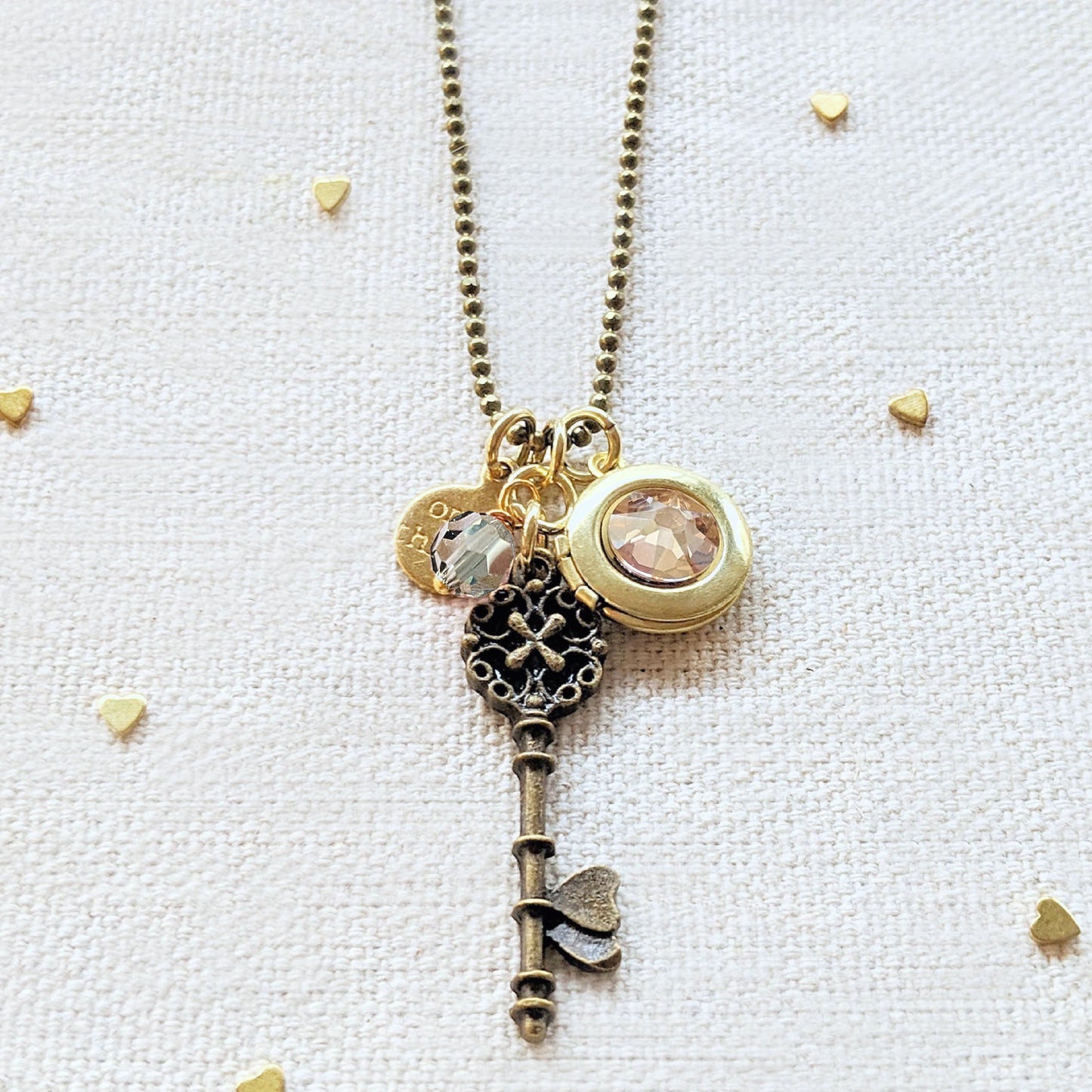 ADJUSTABLE "ONE MIND" VINTAGE KEY & BALL CHAIN LOCKET NECKLACE (LONG)