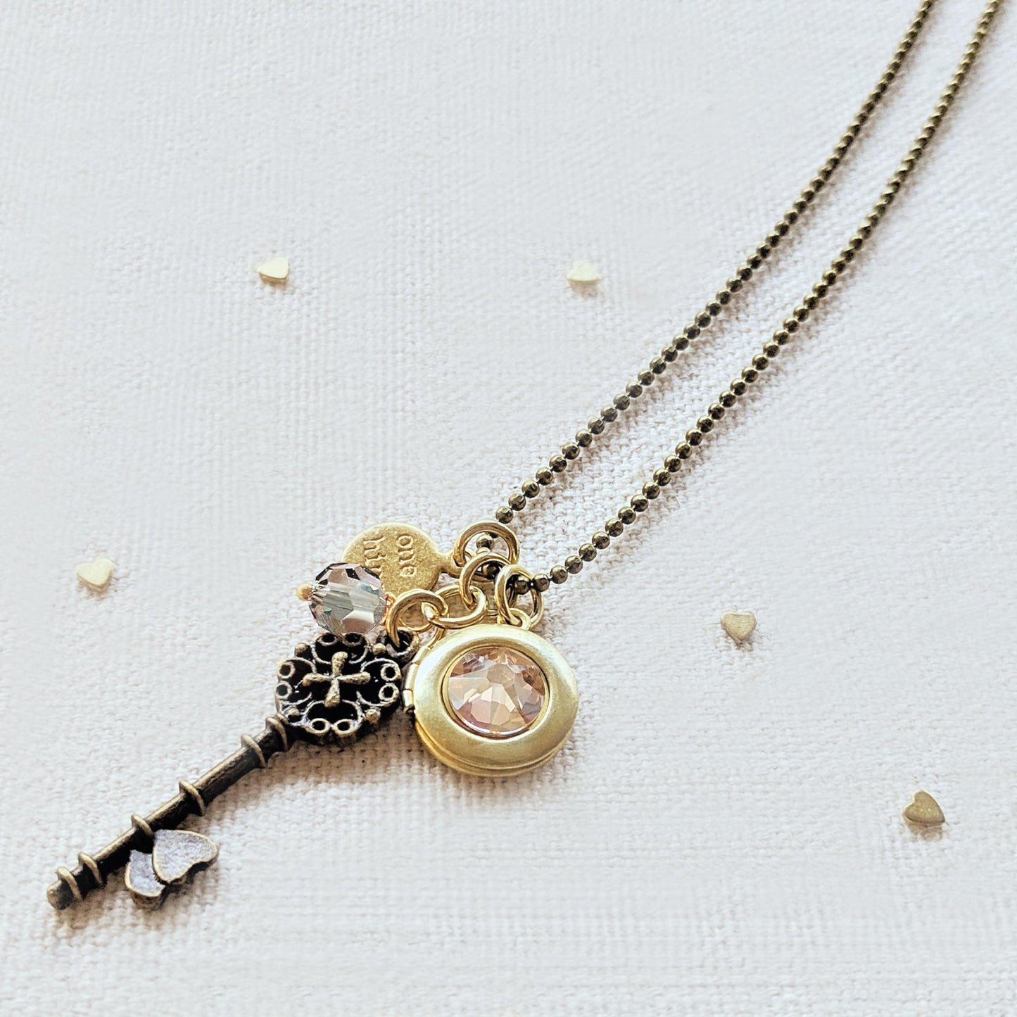 ADJUSTABLE "ONE MIND" VINTAGE KEY & BALL CHAIN LOCKET NECKLACE (LONG)